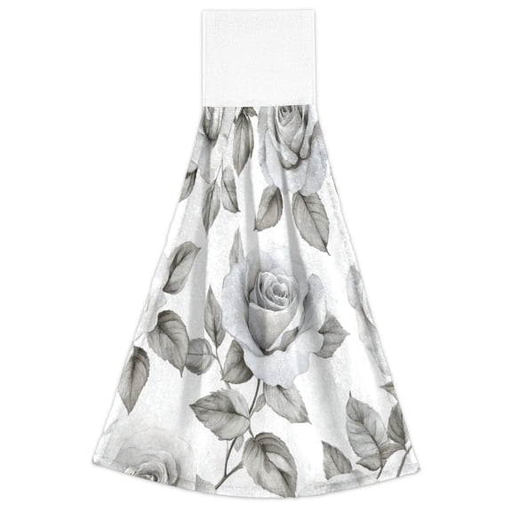 WOBOGO Rose Pattern in Gray and White Tones Hand Towel Set of 2 Absorbent for Kitchen and Bathroom With Velcro Hanging Loop 18.2×14in