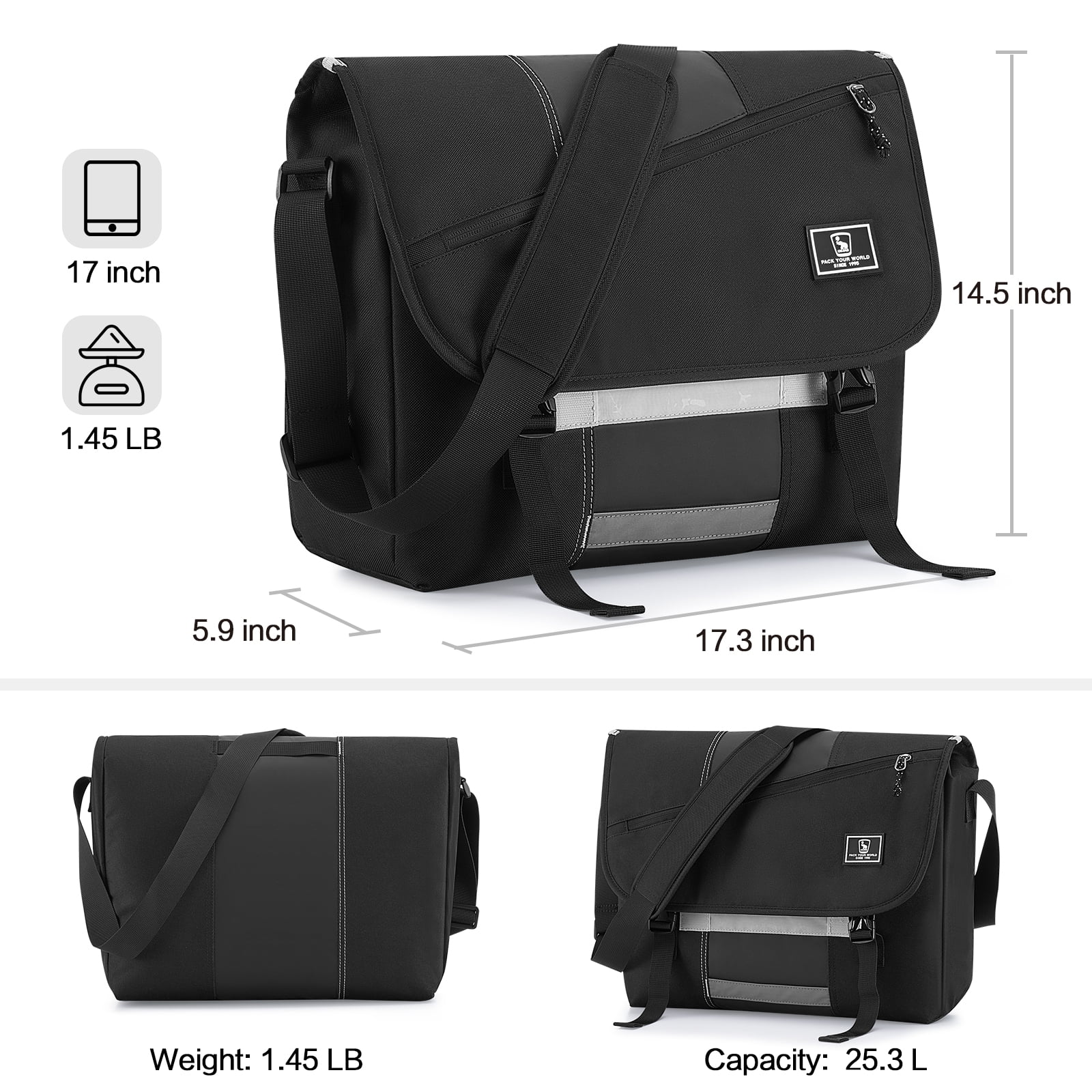 OIWAS 17 inch Casual Messenger Briefcase for Men Women, Large Computer Shoulder Bag with Padded Compartment, Black
