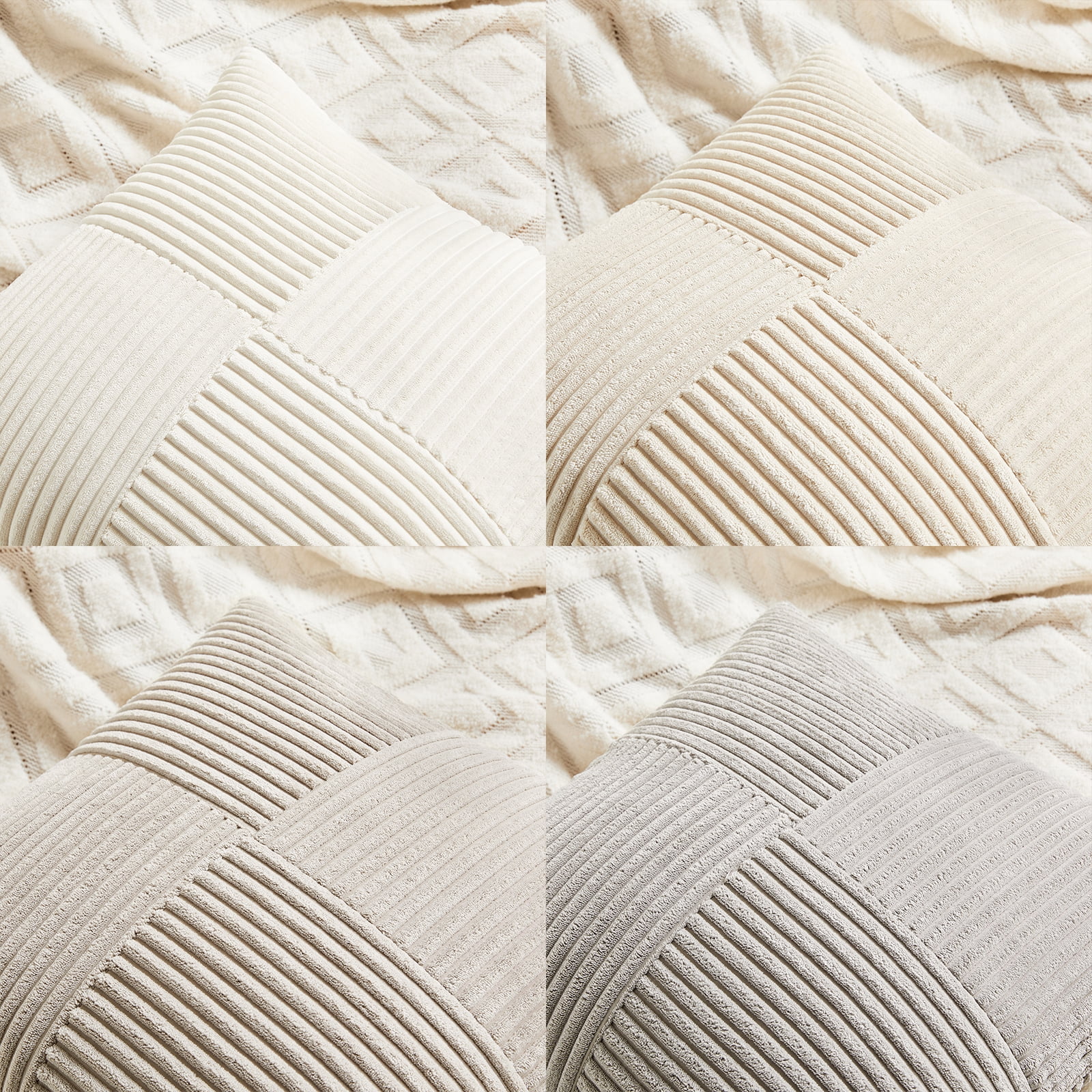 Fancy Homi 4 Pcs Neutral Decorative Throw Pillow Covers 20x20 inch for Living Room Couch Bed Sofa, Rustic Farmhouse Boho Home Decor, Soft Cross Striped Corduroy Patchwork Square Cushion Case 50x50cm