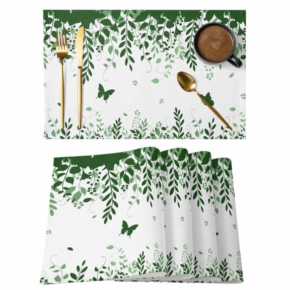 Green Spring Botanical Placemats Set of 12, Weeping Eucalyptus Butterfly Placemats for Dining Table, Place Mats for Kitchen Tabletop, Waterproof Wipeable Dining Table Mats Set
