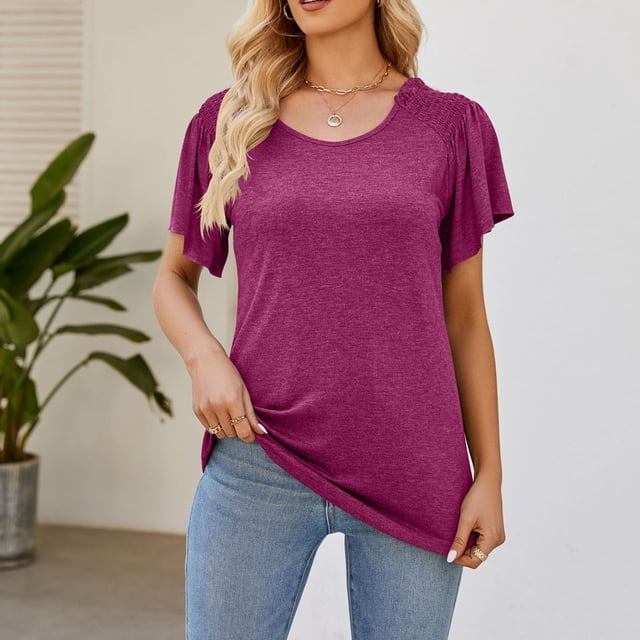 Shorts pour Femmes, Hauts à Manches Courtes pour Femmes, T-Shirt Décontracté Uni à Col Rond à Manches Volantées pour Femmes, Haut à Manches Courtes