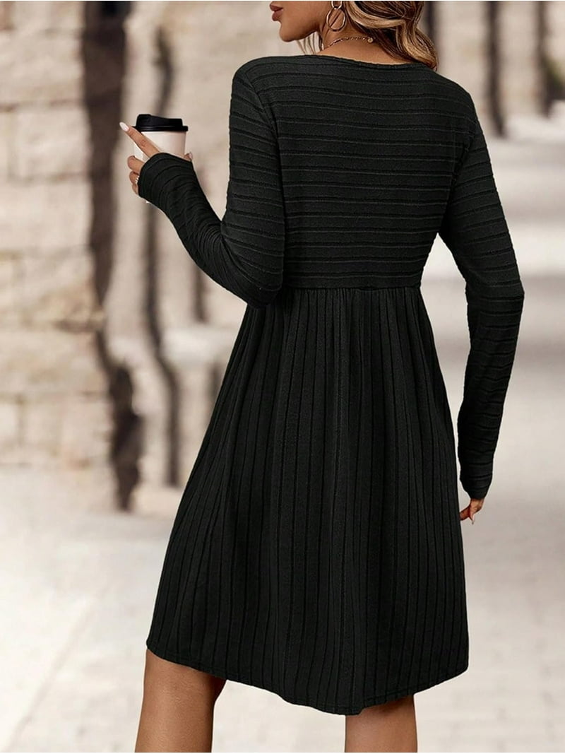 black knee length sweater dress Seta T Women's Square Neck Long Sleeve Slim Fit Ribbed Knit Bodycon Midi Sweater Dress Black Large