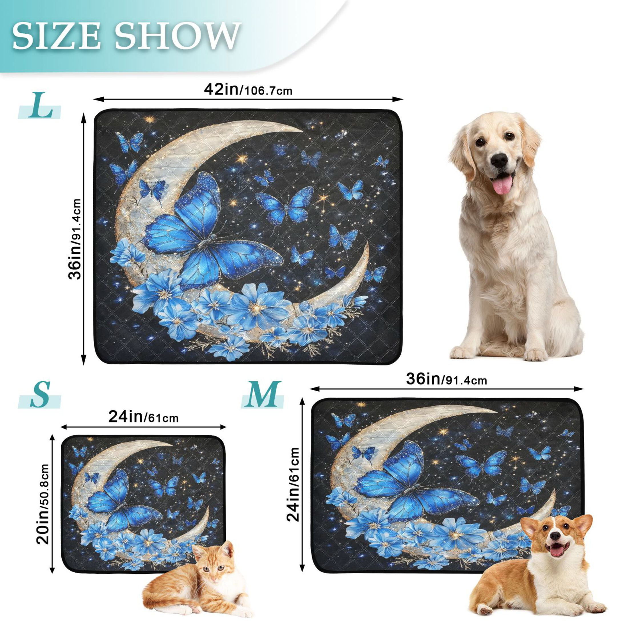 Qxltty Moon with Butterflies Cat litter Pads Pet Set of 3 Diaper Mats Center Anti-leakage Layer Absorbent Soft and Comfortable