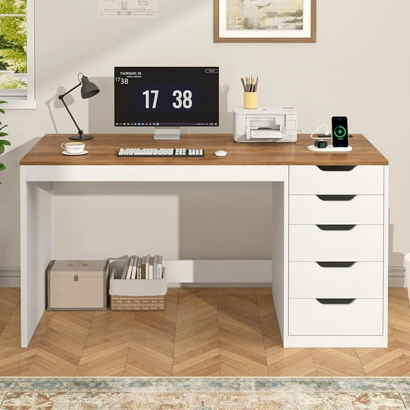 47 Inch Computer Desk with 5 Drawers and Power Outlets, Home Office Desks with Storage File Cabinet, Modern Simple Laptop Desk Writing Table for Small Spaces, Brown and White
