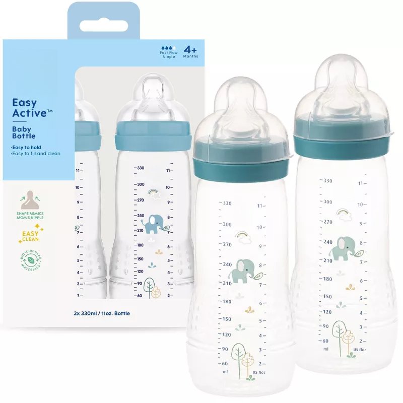 Easy Active Baby Bottles, 11 fl oz/2 Pack, Boy Design, BPA-Free Plastic Baby Bottles, Silicone Nipples, Wide Neck Infant Feeding Bottles, Leak-Resistant Design, Ergonomic Grip