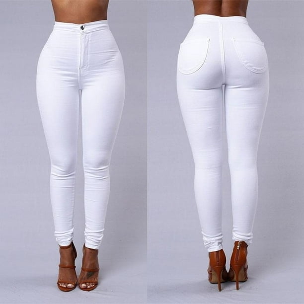 Women Lady Black\White Color Zip Pencil Pants High Waisted Slim Stretc
