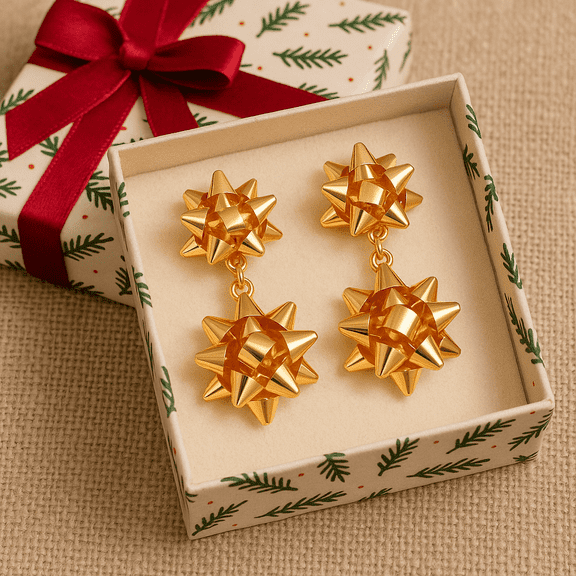Gold Gift Bow Drop Earrings for Women – Holiday Statement Dangle Earrings, Festive Christmas Jewelry Gift