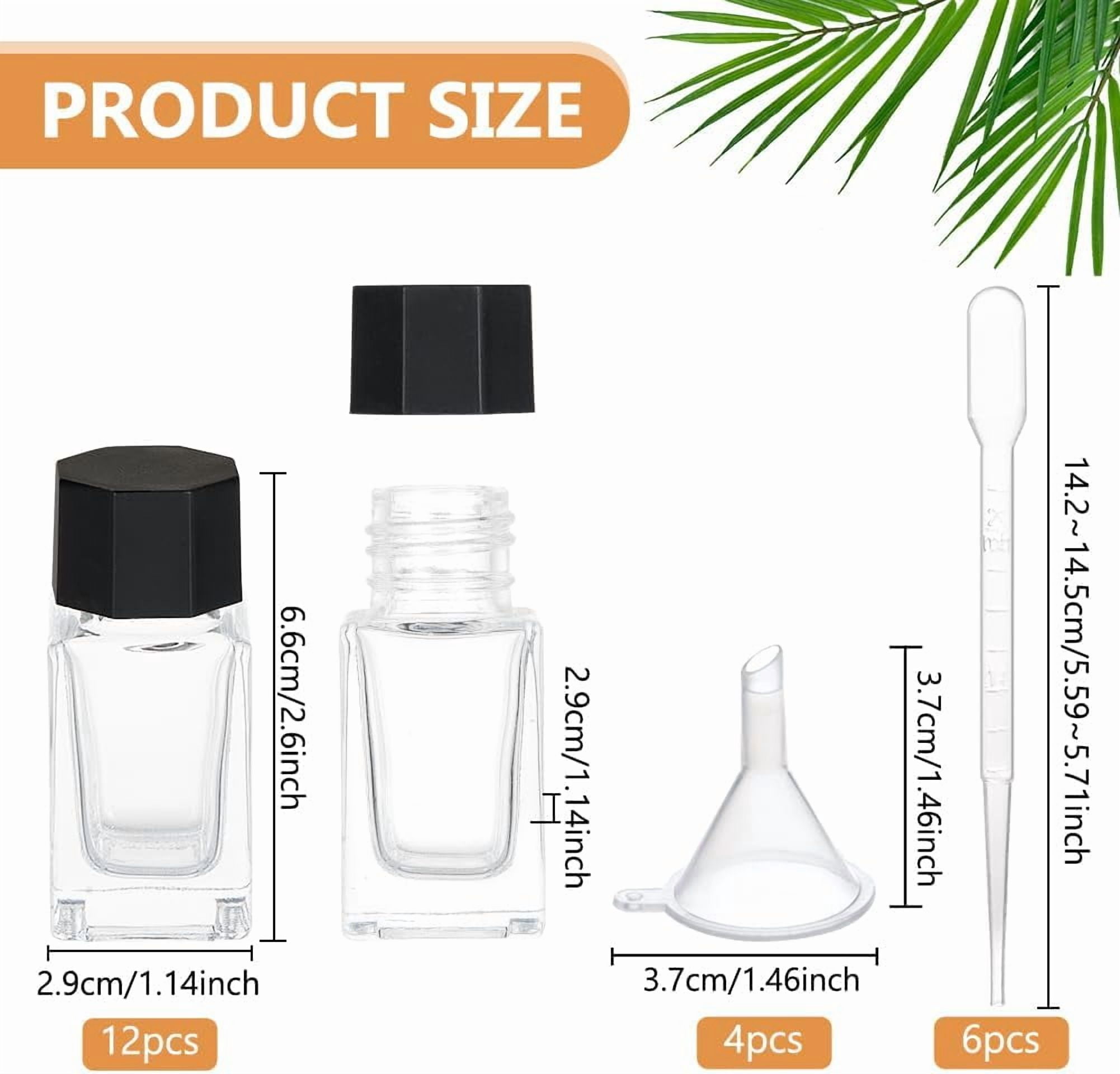 1set 12pcs Glass Fountain Pen Ink Bottle with Plastic Bottle Cap and 4pcs Funnel Hopper & 6pcs Dropper Clear 66x29x29mm Capacity: 18ml(0.61fl. oz)