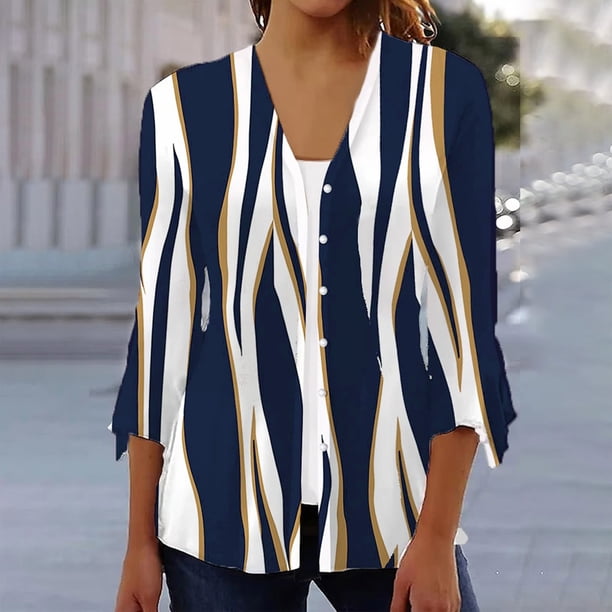 ICHUANYI Clearance Women's V Neck Shirt Graphic Printing Three-Quarter Sleeve Casual Blouse With Button Tops(Dark Blue, XL) ICHUANYI WER2023080910554