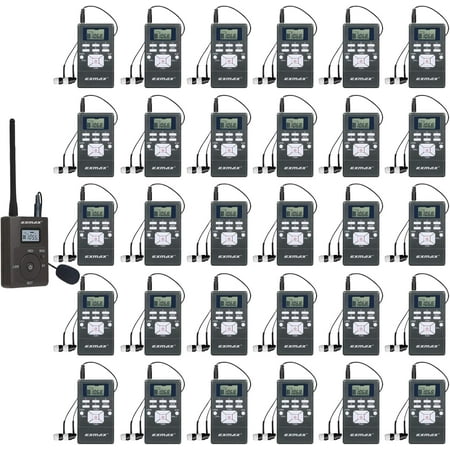 EXMAX EXG-108 Live Translator Device Wireless Microphone FM Radio Broadcast System for Social Distancing Tour Guide Teaching Meeting Training Church Parking Lot 1 Transmitter & 30 Receivers (Gray)