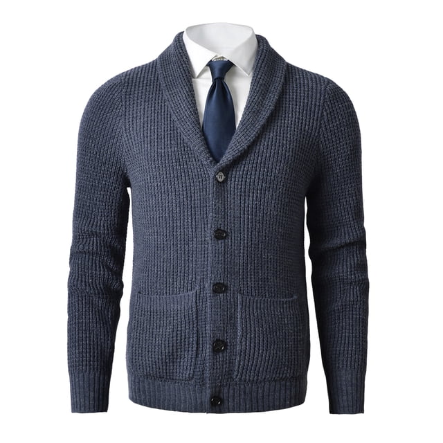 Men's Shawl Collar Cardigan Sweater Slim Fit Cable Knit Button up Merino wool Sweater_Navy_XXXX-Large