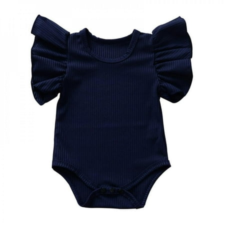 

Clearance!Summer Newborn Baby Girls Ruffles Romper Short Sleeve Jumpsuit Romper Ribbed Knitted Infant Summer Clothes Outfits Navy Blue 90
