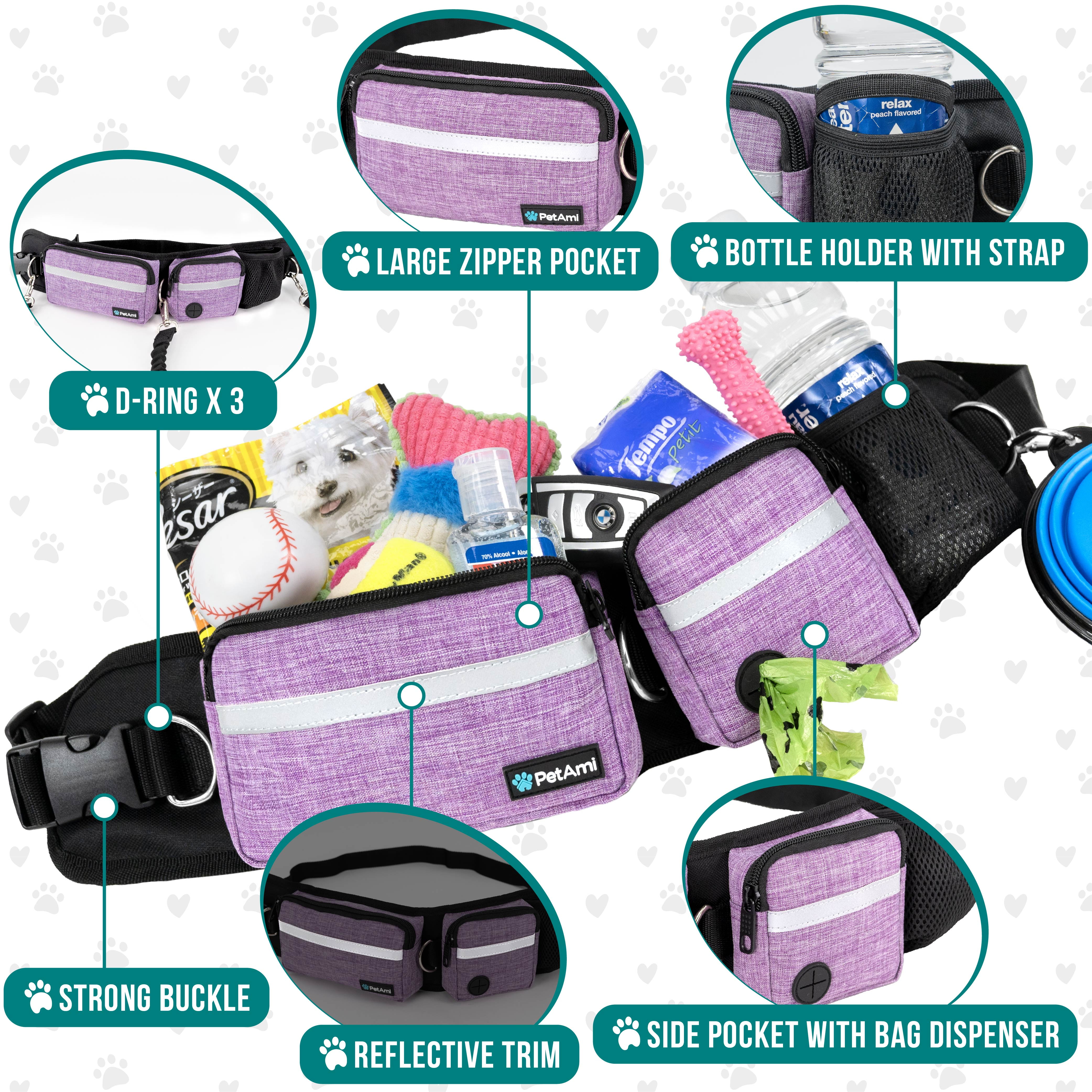 PetAmi Hands Free Dog Leash, Dog Running Leash Belt Bag for Walking, Jogging, Dog Waist Double Zipper Pouch with Poop Bag Dispenser, Dual Padded Handles Reflective Bungee Leash, Double (Purple)