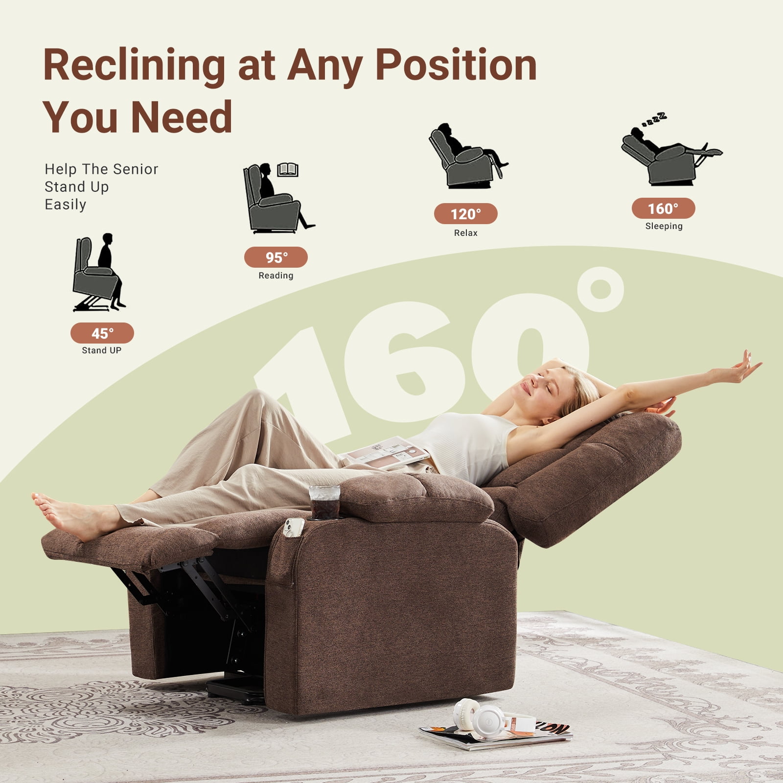 CONCETTA Elderly Recliner with Massage and Heating, Home Theater Recliner Chair with Lumbar Support and Remote Control, For Home Office Living Room, Brown