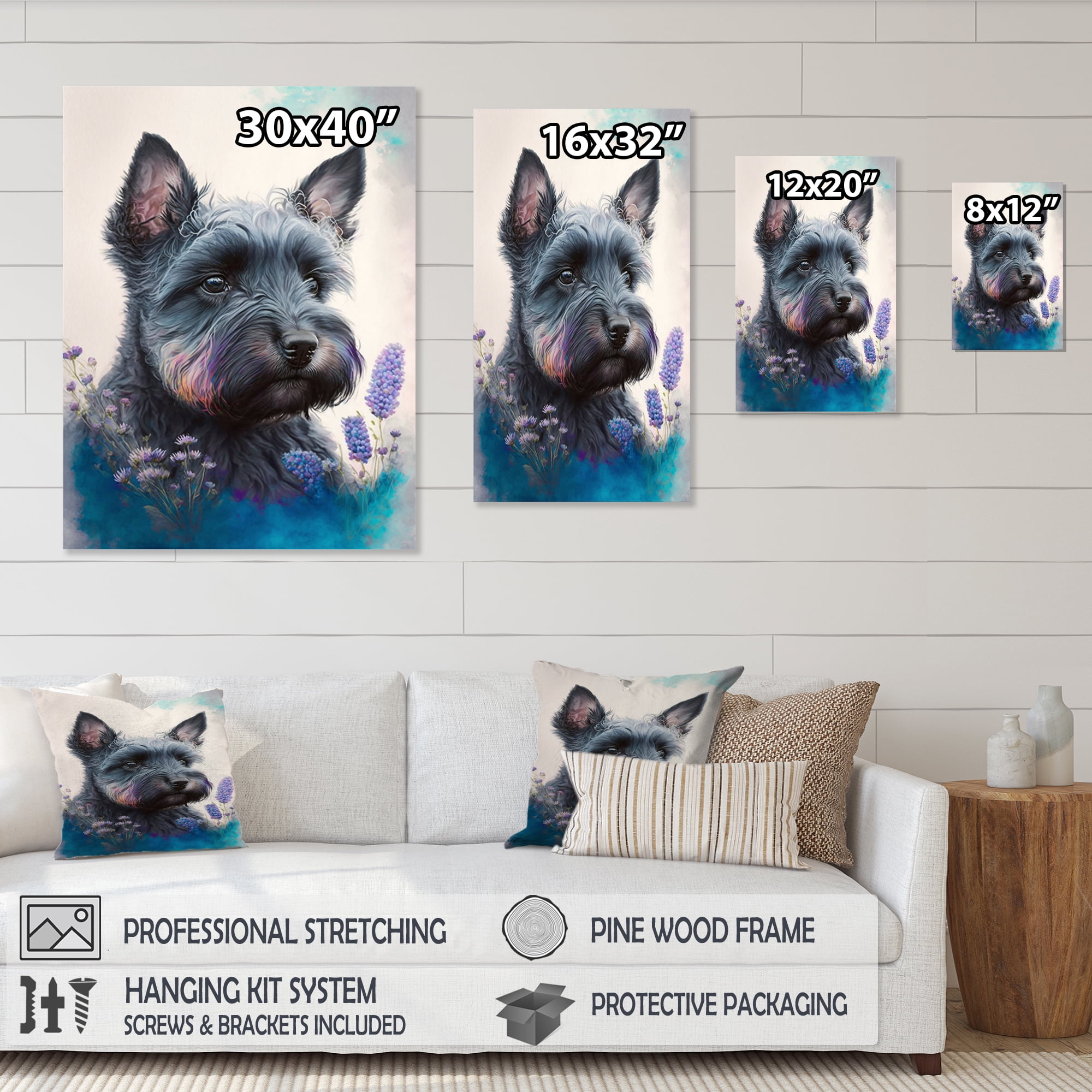 Designart Cute Schnauzer Floral Art Canvas Wall Art