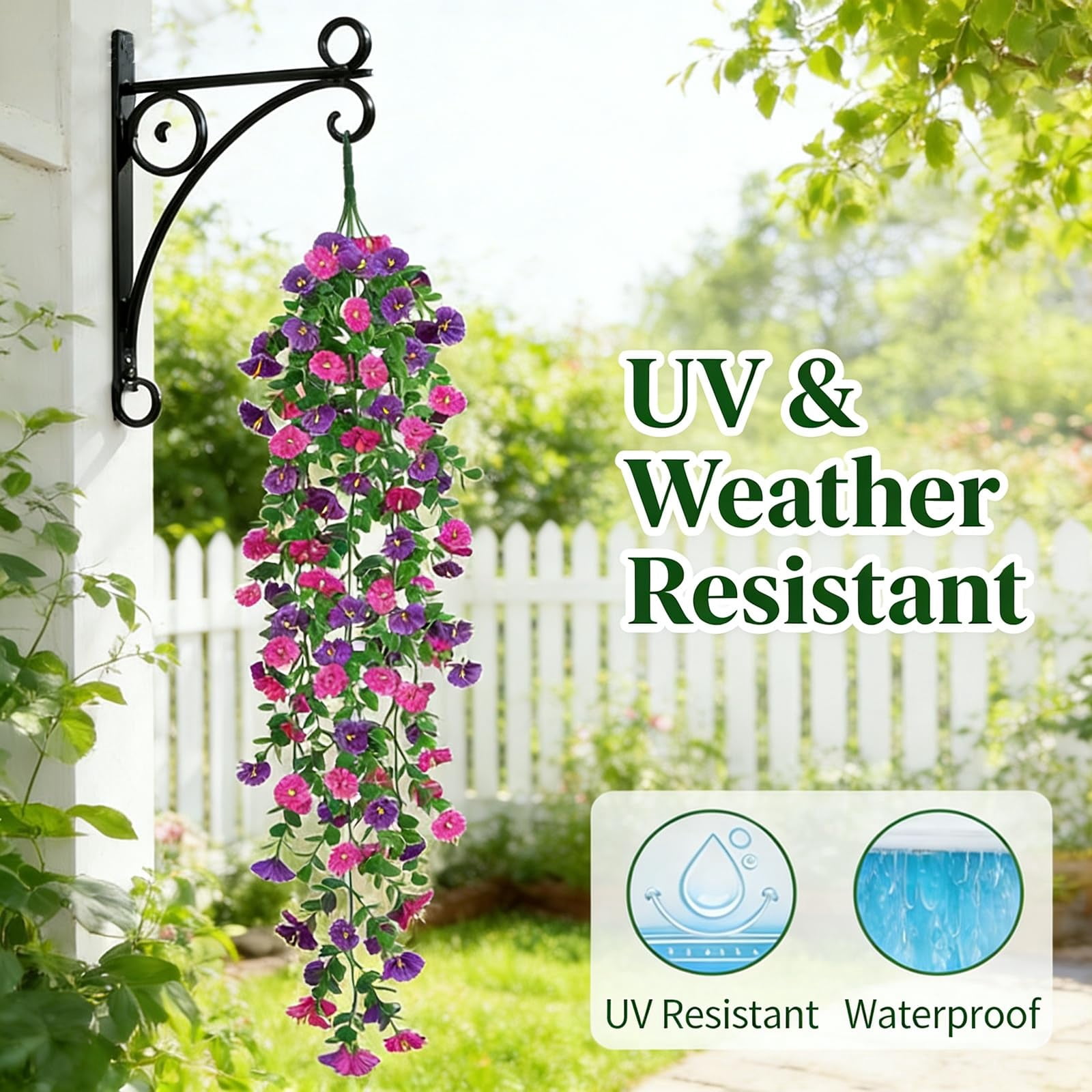 Faux Hanging Pansy Flowers for Outdoors – 6 Pcs UV Resistant Artificial Morning Glory Vine, 69 Blooms, 30″ Cascading Faux Plants for Porch, Garden, Patio Decor