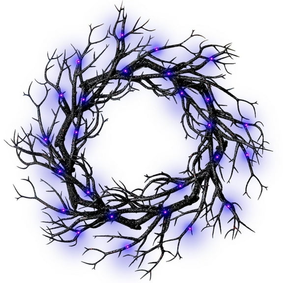 Spooky Halloween Wreath with Purple Lights - Glitter Black Branch Handcrafted Decor for Front Door, Indoor/Outdoor Party & Haunted House
