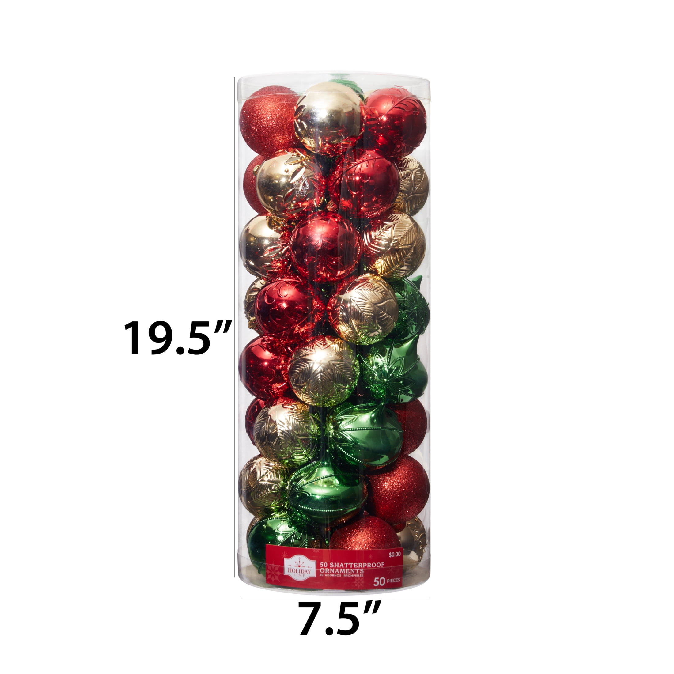 Red, Green and Gold Shatterproof Christmas Ball Ornaments, 50 Count, by Holiday Time