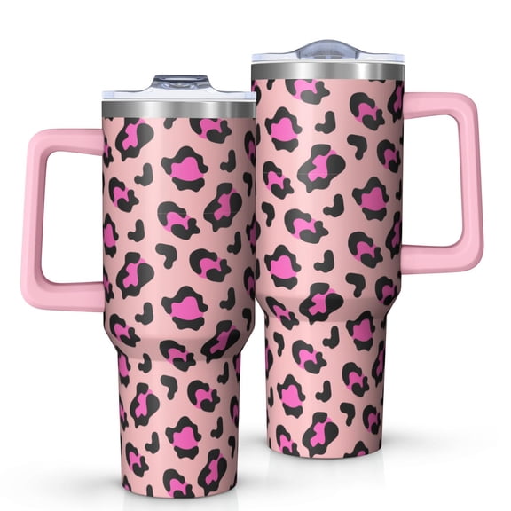 Leopard Print 40oz Tumbler– Stainless Steel Insulated Tumbler with Handle and Straw, Large Capacity Travel Cup for Hot & Cold Drinks