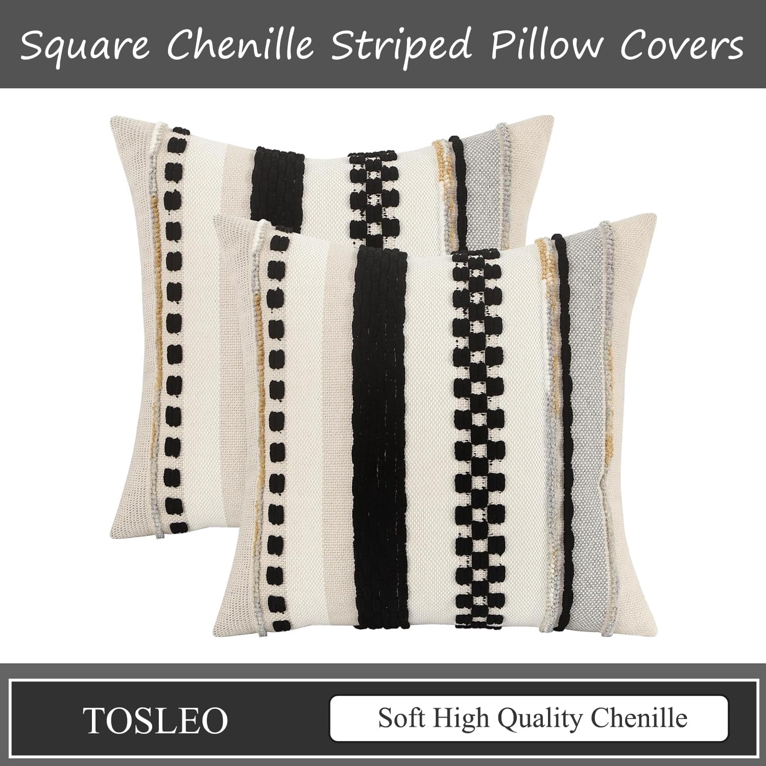 Boho Throw Pillow Covers 18x18 Set of 2 Striped Decorative Pillow Cases Accent Chenille Pillowcases Farmhouse Cushion Case Bohemian Nuetral Textured Pillow Cover,Black and Beige