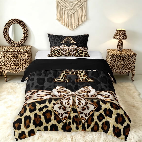Manfei Leopard Print Initial A Twin Comforter Sets,Kawaii Bow Bedding Set,Black Brown,Black Reversible,2pcs,1 Comforter and 1 Pillowcase