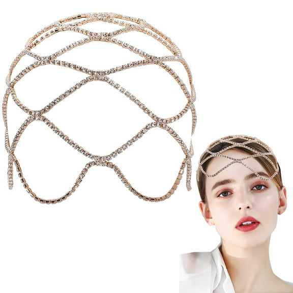 Rhinestone Beaded Caps Headpieces Vintage Crystal Head Chain Wedding Bridal Flapper Bling Headband 20s Layered Hair Jewelry Light for Women Party Prom Costume