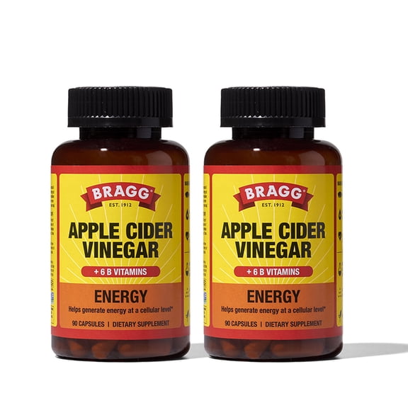 Bragg Energy Apple Cider Vinegar Capsules with B Vitamins - (2 Pack) 90 Capsules - Helps Generate Energy at Cellular Level
