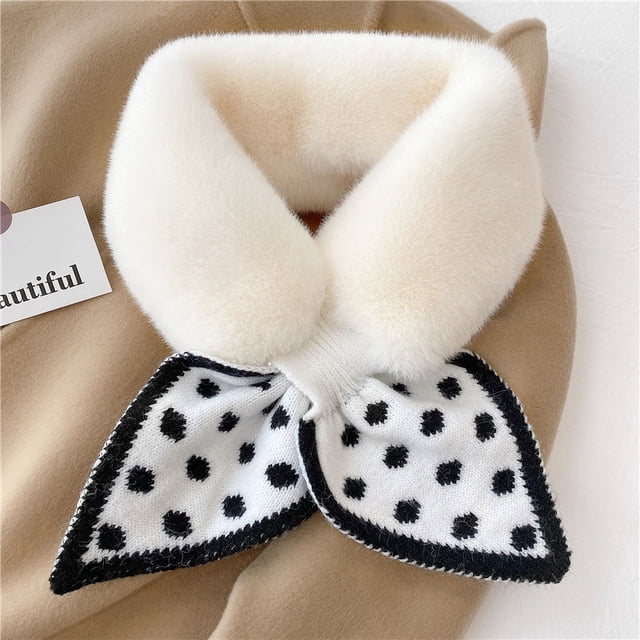 Bufanda de felpa cosida con lunares de punto de invierno para estudiantes femeninas, completamente equipada con cuello de piel de conejo de imitación y bufanda cálida.