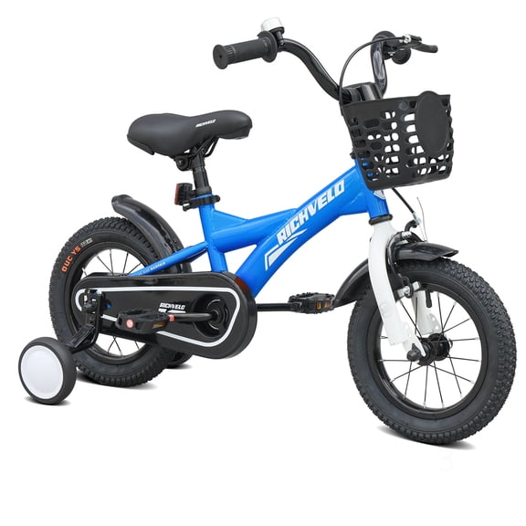 Blue Steel Frame Beginner Bicycle with Training Wheels, Front V and Coaster Brakes, Basket for New Riders