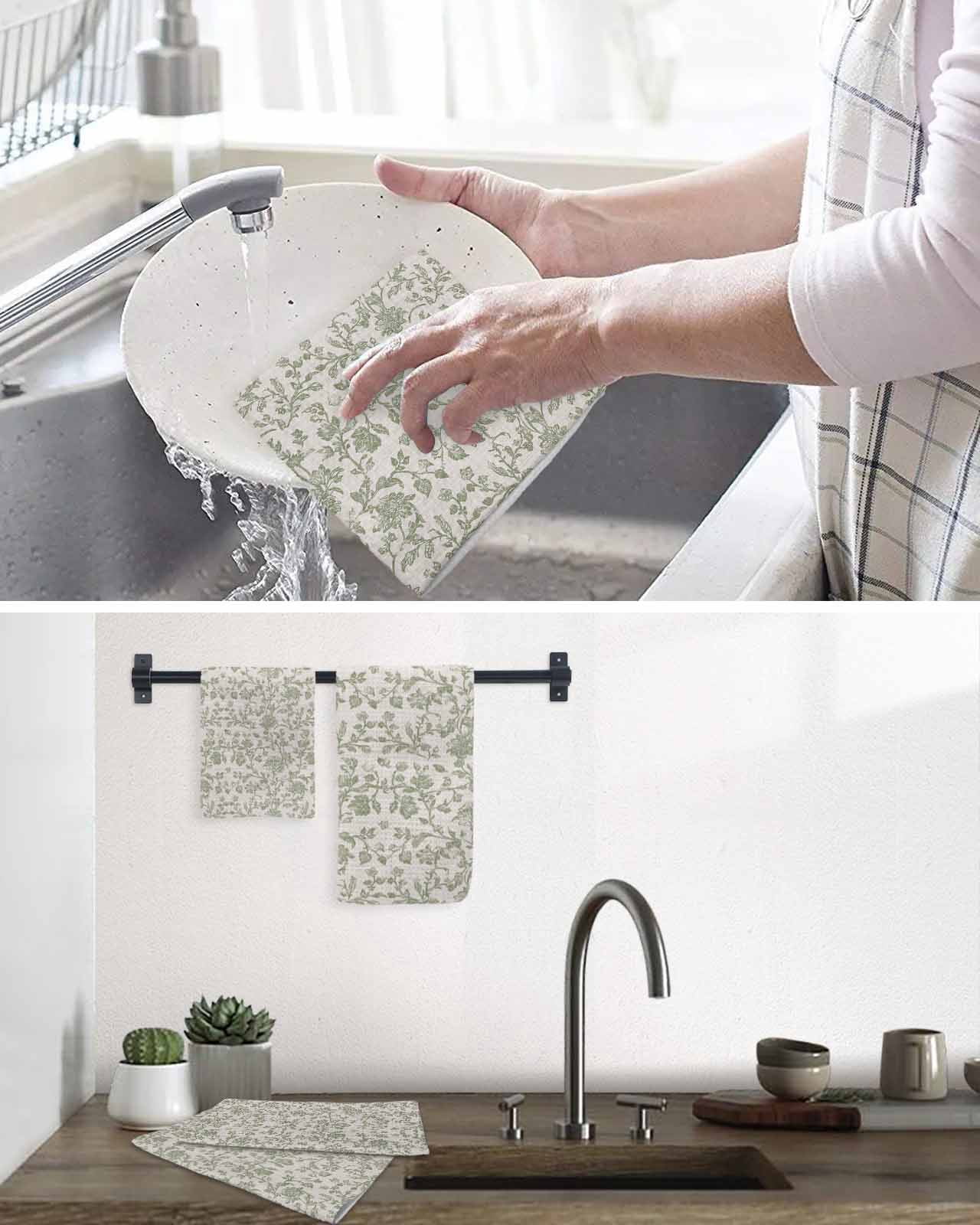 Farmhouse Sage Green Dish Towels Set, Waffle Weave Kitchen Towels 2 Pieces, Vintage Flower Leaf Botanical Microfiber Hair Face Bath Tea Towel Absorbent Quick Drying Cleaning Dish Cloths 12"x12"