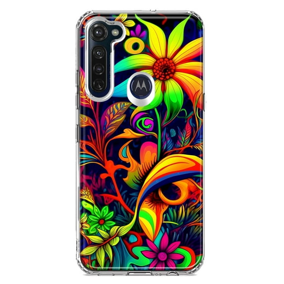 MUNDAZE Motorola Moto G Stylus Shockproof Clear Hybrid Protective Phone Case Neon Rainbow Psychedelic Trippy Hippie Daisy Flowers