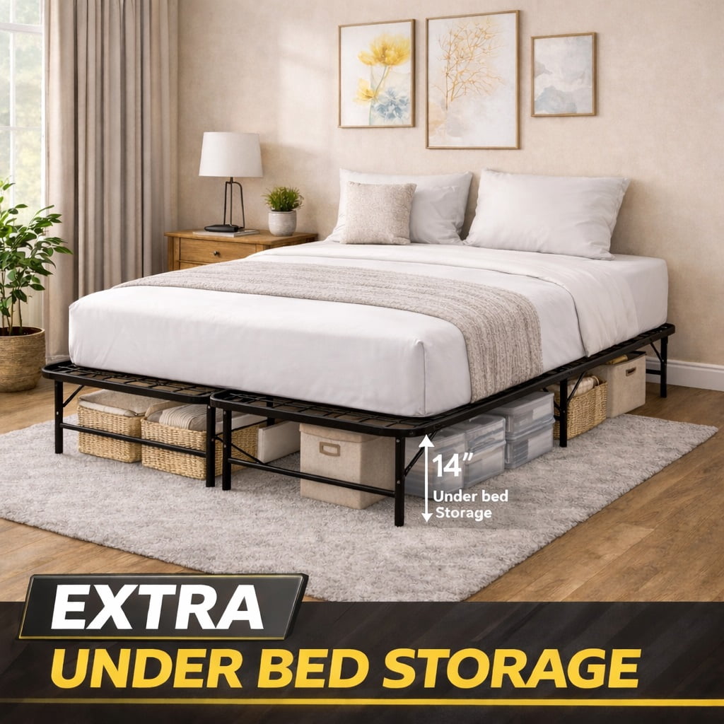 Continental Sleep, 14-Inch Foldable Metal Platform Bed Frame with Tool Free Setup, Sturdy Steel, No Box Spring Needed, Queen, Black