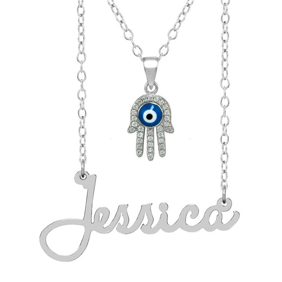Personalized Sterling Silver or Gold Plated Single Nameplate Necklace With Hamsa, 18 inch Link Chain