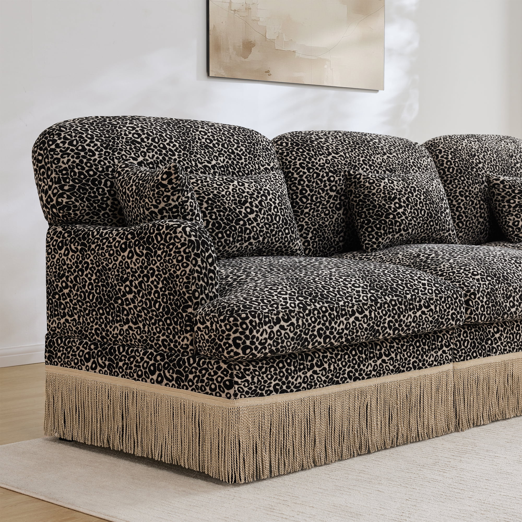 HUTWIFE Home Leopard Print Chenille Modular Sectional Sofas with 1 Movable Ottoman, Khaki Black
