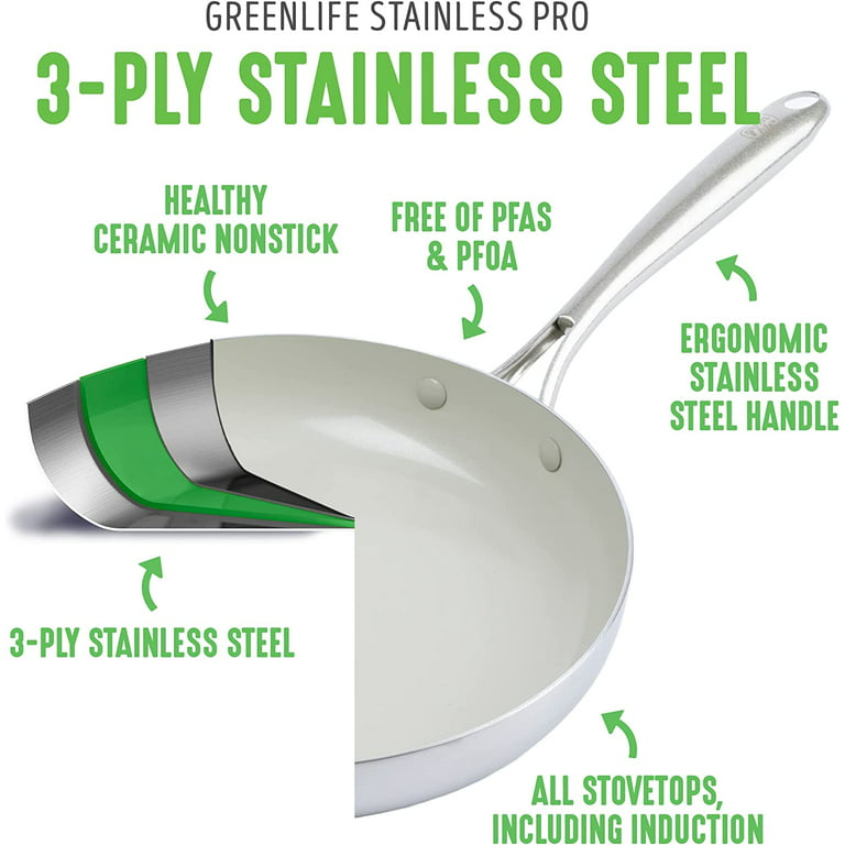 GreenLife Tri-Ply Stainless Steel Healthy Ceramic Nonstick, 12 Frying Pan Skillet with Lid, PFAS-Free, Multi Clad, Induction, D