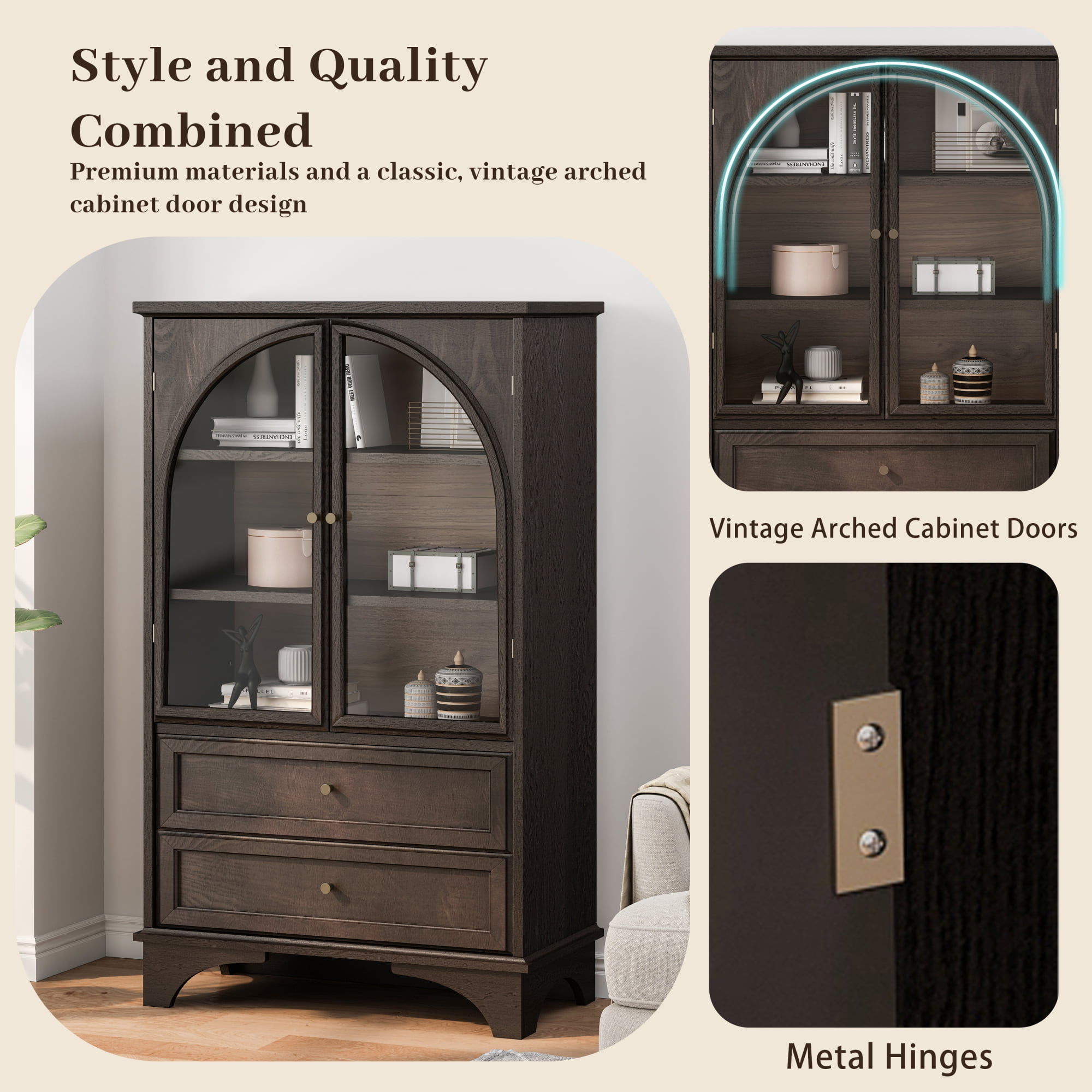 52.17"H Storage Cabinet with 2 Drawers and Adjustable Shelf,Modern Glass Door Curio Cabinet for Living Room,Bedroom,Kitchen,Office,Brown