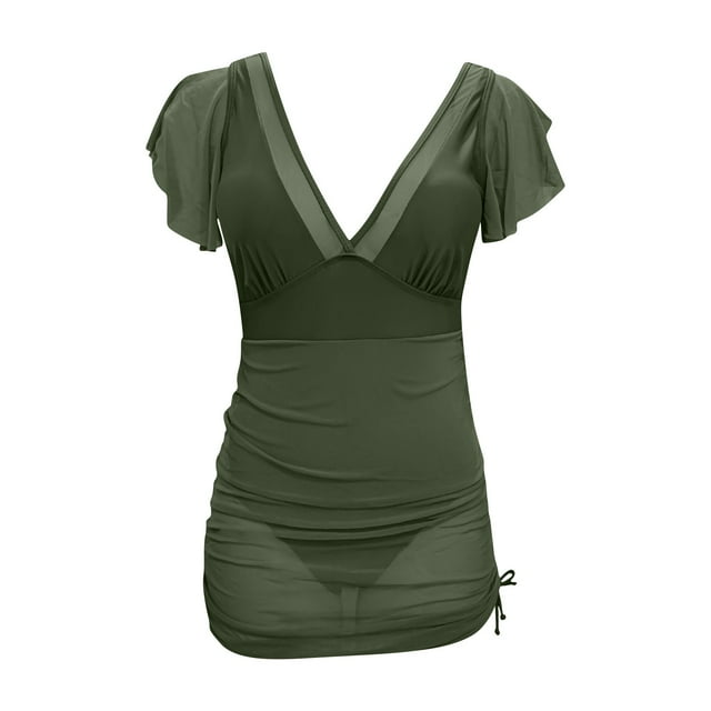 Ohufall Plus Size Women Tummy Control Bathing Suit Ruffle One-Piece Swim Dresses Flowy Swimwear