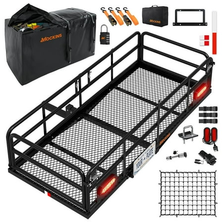 Mockins 66"x30"x14" XL High Rail Hitch Cargo Carrier with 45 Cu.Ft. Cargo Bag, Rear Lights, License Plate Holder and Accessories