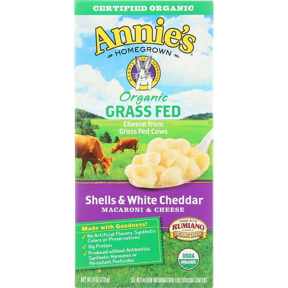Annies Homegrown Organic Grass Fed Shells and White Cheddar Macaroni and Cheese, 6 Ounce -- 12 per case.