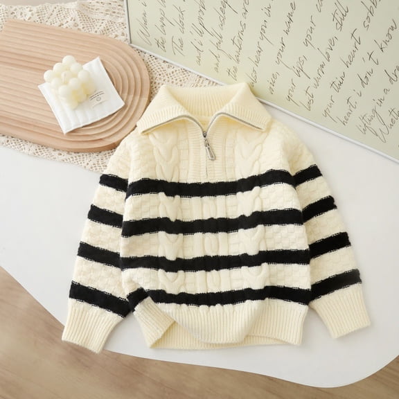 Cowsor Toddler Neck Ribbed Knit Sweater Baby Boys Girls Fall Winter Cozy Soft Warm Pullover Chunky Striped Sweatshirt