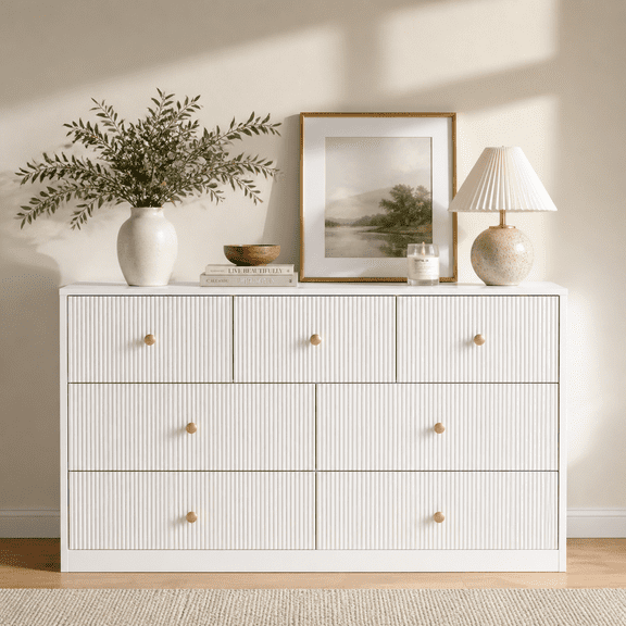 7 Drawer White Dresser, Modern Chest of Drawers with Vertical Grain & Gold Handles, Wide Storage Organizer for Bedroom, Living Room, Hallway & Office, Sturdy Anti-Tip Design