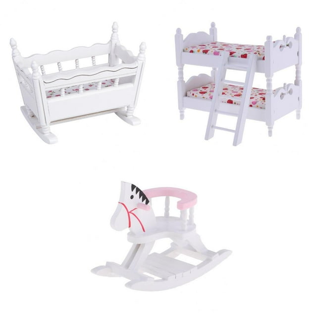 de Muebles de Dormitorio de 1/12, de Bnca con Colchón, Cuna con Colchón Y Caballito Mecedor, Decoración de SM SunniMix Casa de muñecas en miniatura con literas
