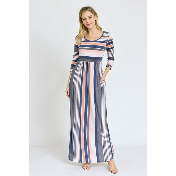 Pink & Charcoal Stripe 3/4 Sleeve Maxi Dress | S-3X