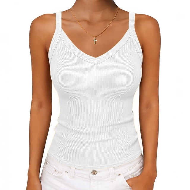 Pounoo Camisoles for Women Rib Knit V Neck Spaghetti Strap Sleeveless Cami Top Slim Fit Stretchy Fitted Basic Layering Tops Gift