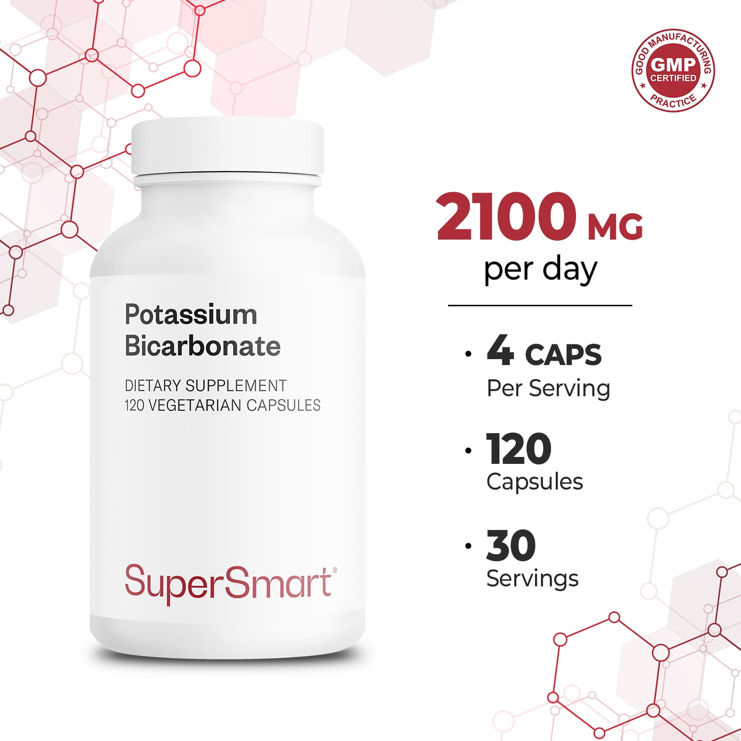 SuperSmart Potassium Bicarbonate (High Dose) - Electrolyte Mineral - pH Acid-Base Balance - Potassium Supplement | Non-GMO & Gluten Free - 120 Vegetarian Capsules