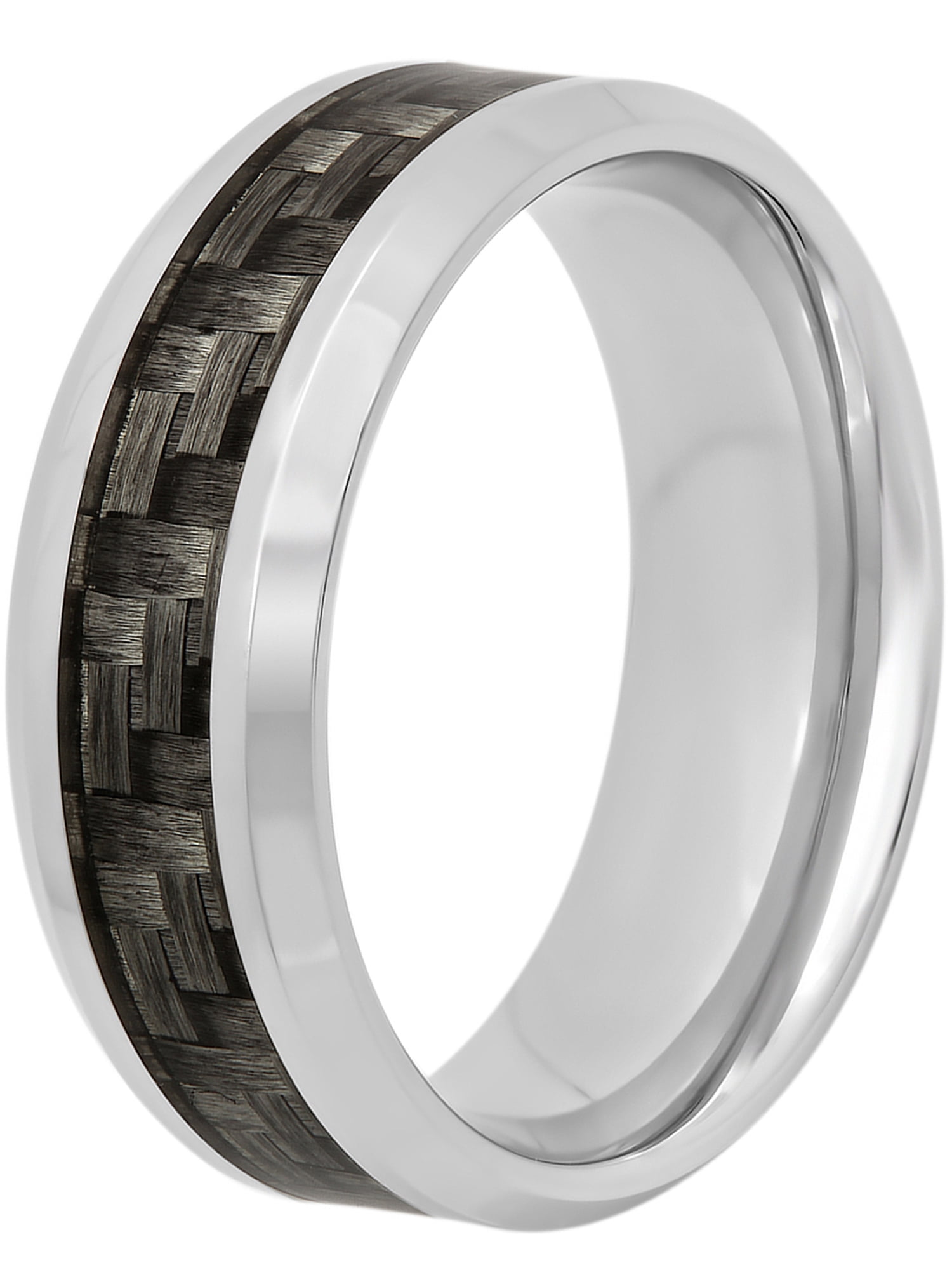 Jewelry Stores Network Mens 8mm Polished Stainless Steel and Grey Carbon Fiber Wedding Band Ring