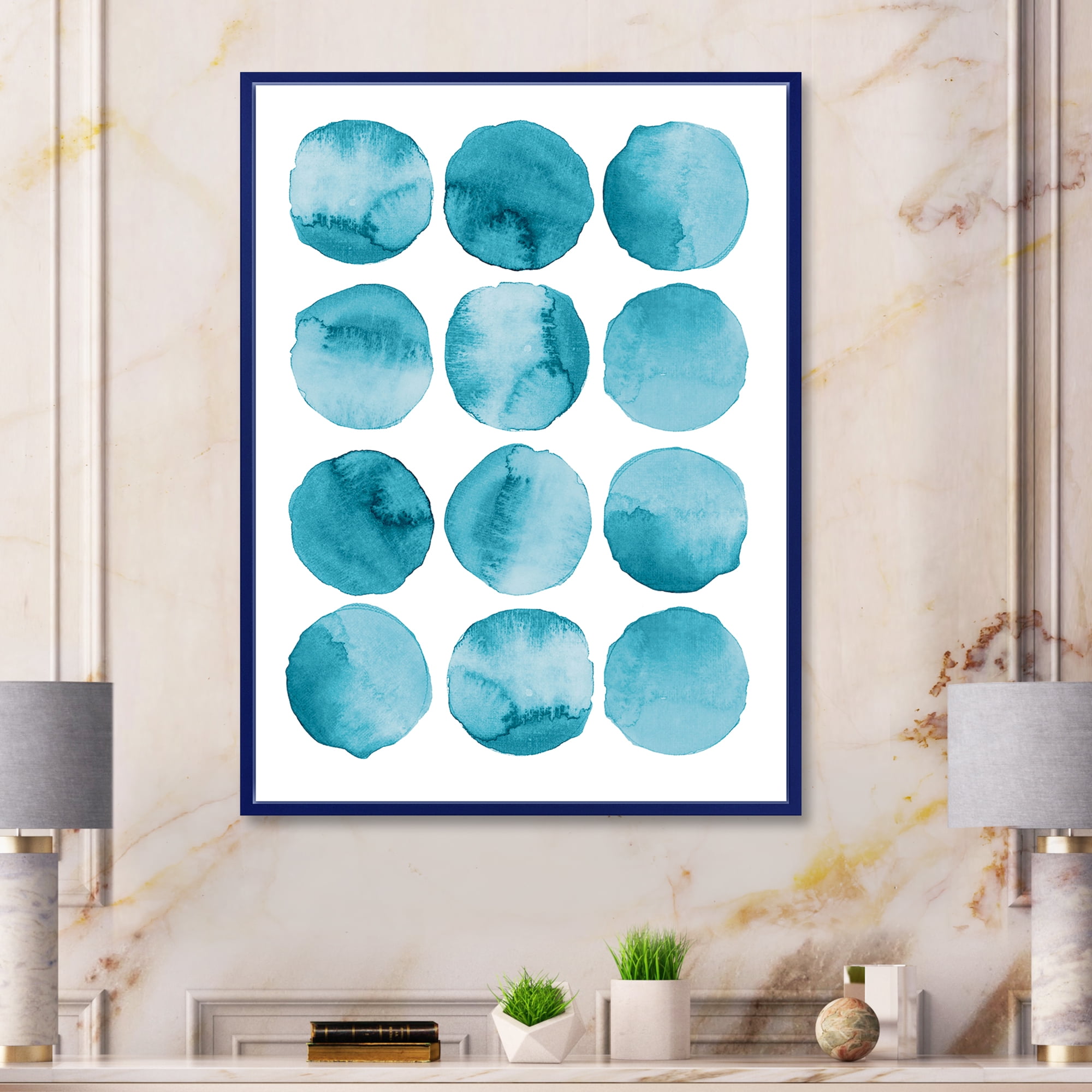 Designart 'Blue Aquamarine Circles Geometric Elements' Modern Framed Canvas Wall Art Print