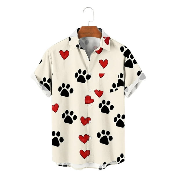 Ceisia Men's Casual Valentine's Day Short Sleeve Shirt Pet & Heart Print Regular Straight Fit Turn-Down Collar Spring Summer Shirt Gift