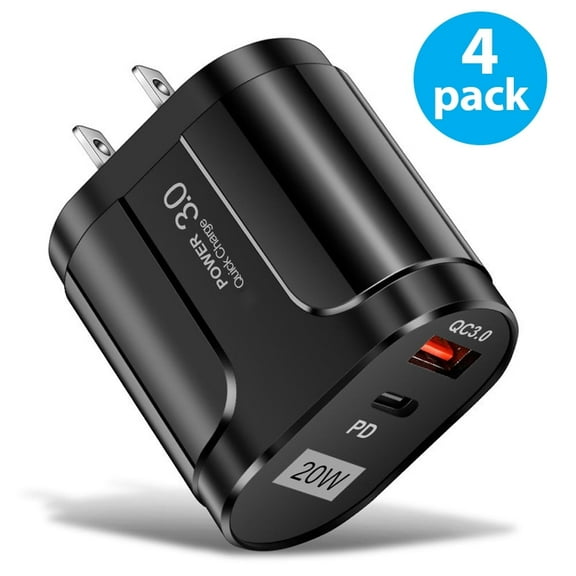 20W USB C Fast Charger 4-Pack Dual Port PD Power Delivery Fast Type C Charging Block Plug Adapter for iPhone 14/13/12/11 /Pro Max, XS/XR/X, iPad Pro, AirPods Pro, Samsung Galaxy and More (Black)