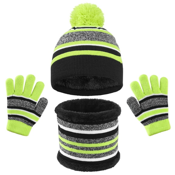 UQJfacai 3 Pieces Boys Girls Winter Beanie Hat Scarf Gloves Set Thick Knitted Warm Toddler Pom Pom Winter Hat with Mittens Neck Warmer Fleece Lined Set for Kids 4-10 Years